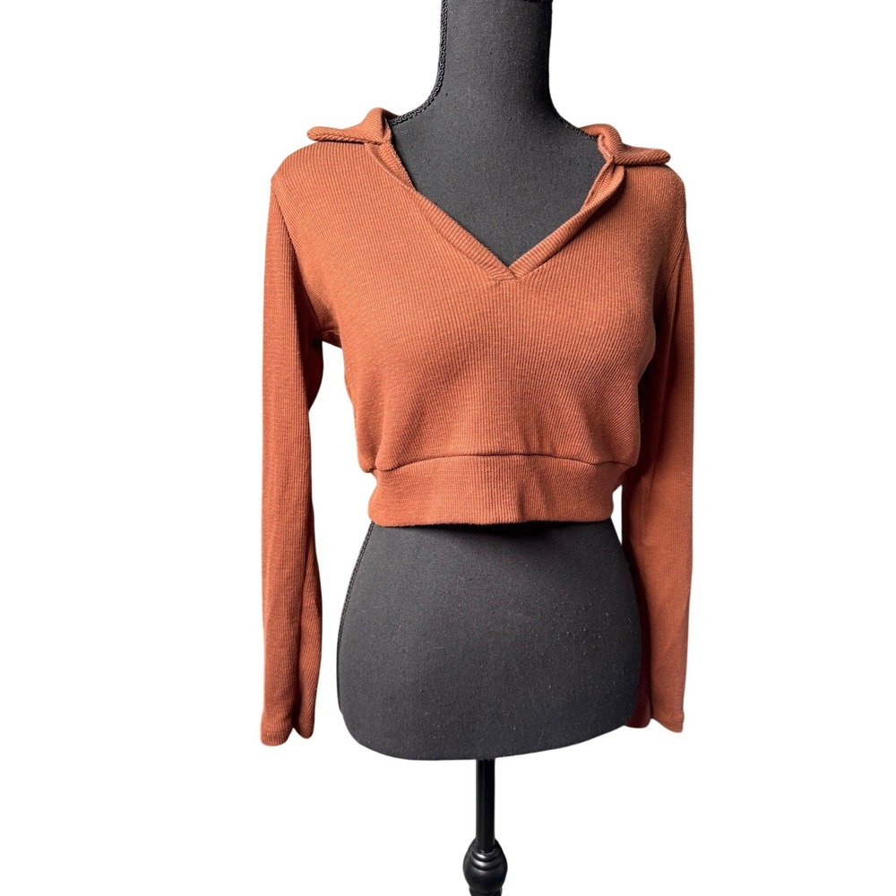 Altar'd State Rust Brown Ribbed Long Sleeve V-Neck Collared Crop Top Medium